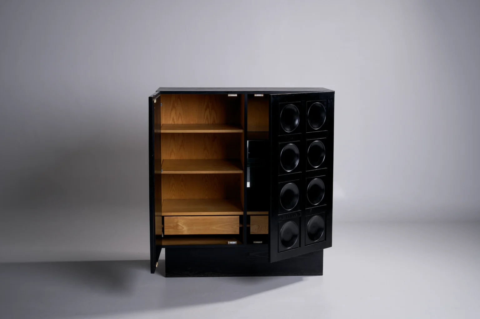Studio Menzel - Black Brutalist Bar Cabinet Circles Doors