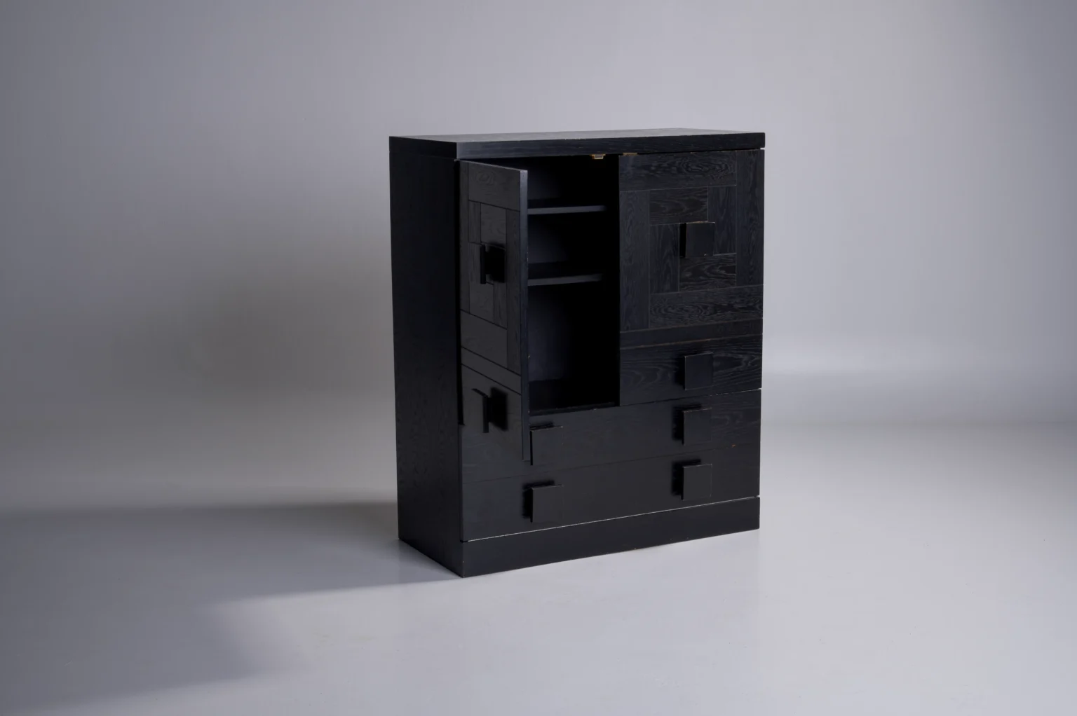 Studio Menzel - Black Brutalist Bar Cabinet Open Doors